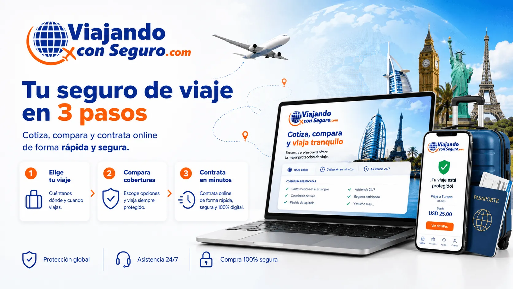 Viajando con Seguro — Portal y aplicación para contratar seguros de viaje en tres pasos